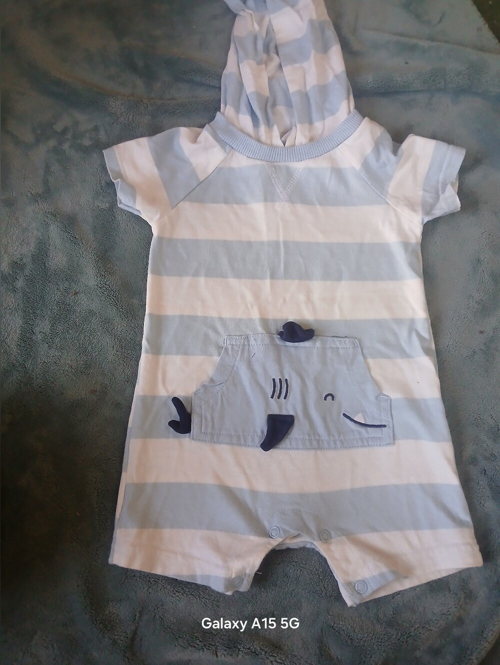 Carter's Blue and White Striped Hooded One-Piece with Whale Pocket